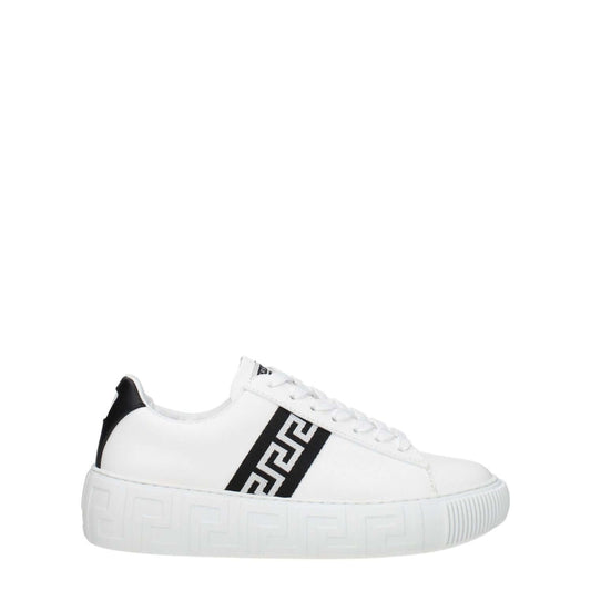 Versace White Leather Low Top Sneakers with black accents and lace-up closure, featuring a rubber sole and round toe design.