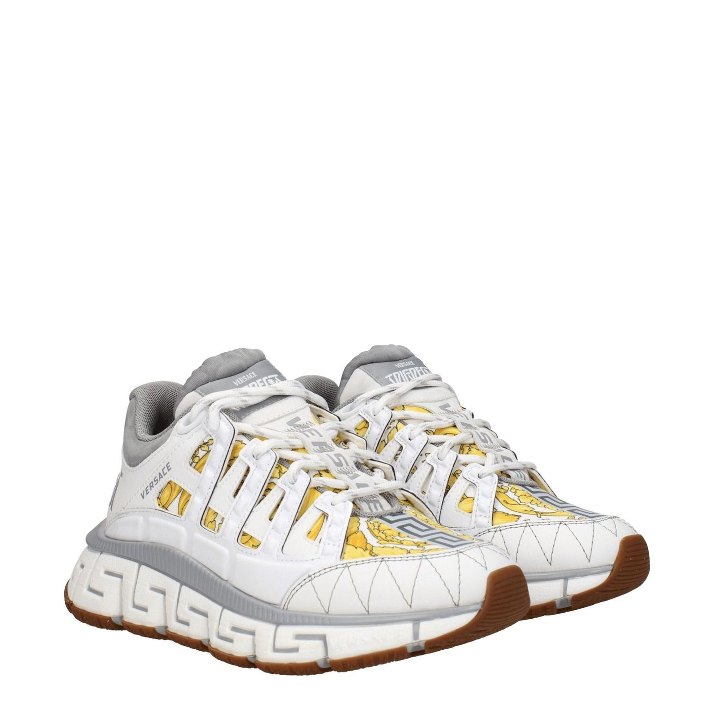 Versace White Fabric Athletic Sneakers with logo details, lace-up closure, rubber sole, and mid heels, featuring a white and grey color scheme.