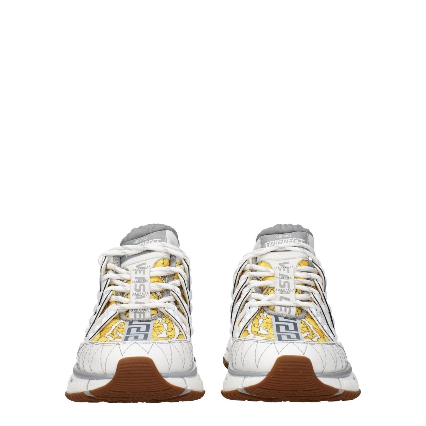 Versace White Fabric Athletic Sneakers with front, side, back logos and rubber sole, featuring white fabric, lace-up closure, and mid heels.