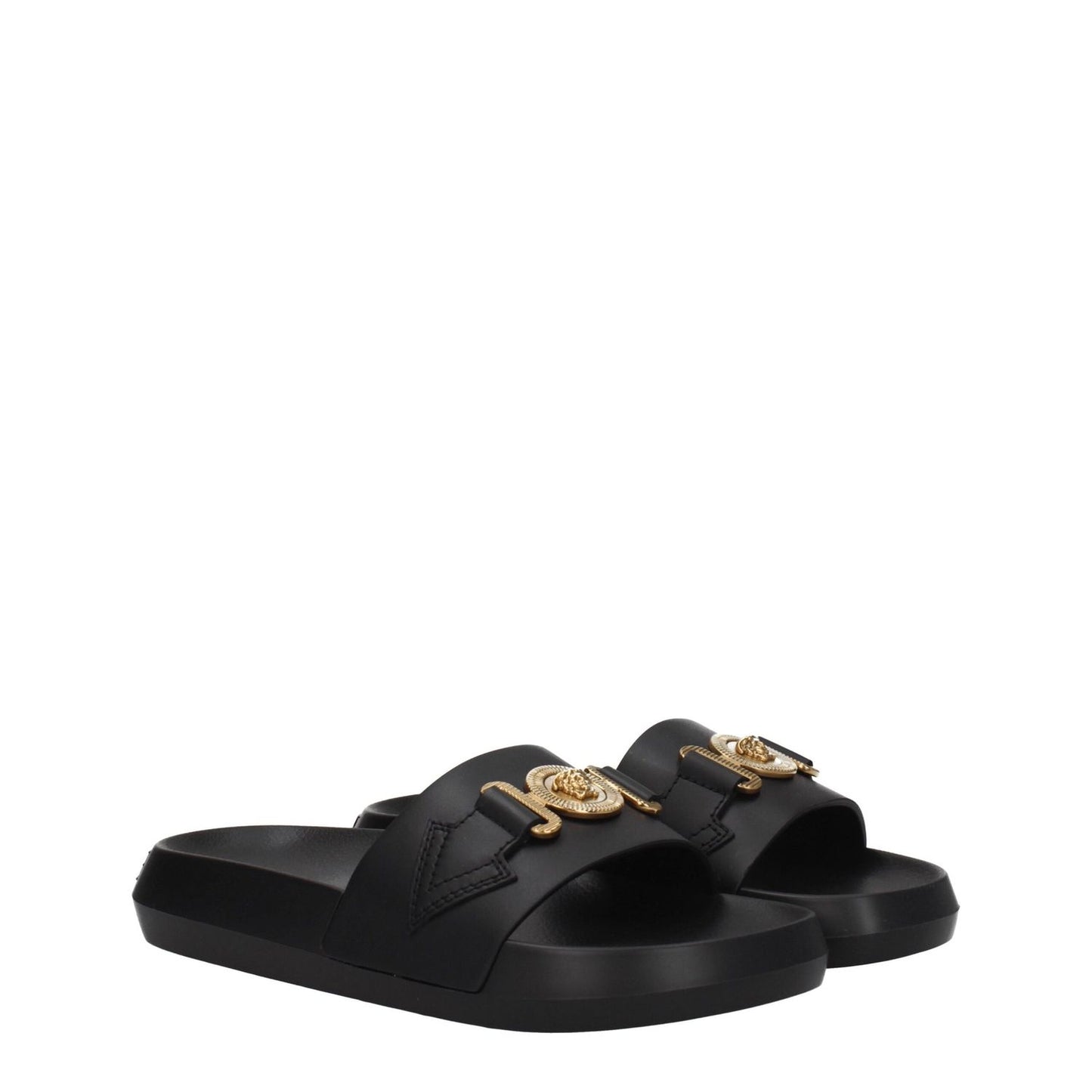 Versace Black Leather Slippers featuring gold front detail, open toe, and black rubber sole, casual style for modern fashion.