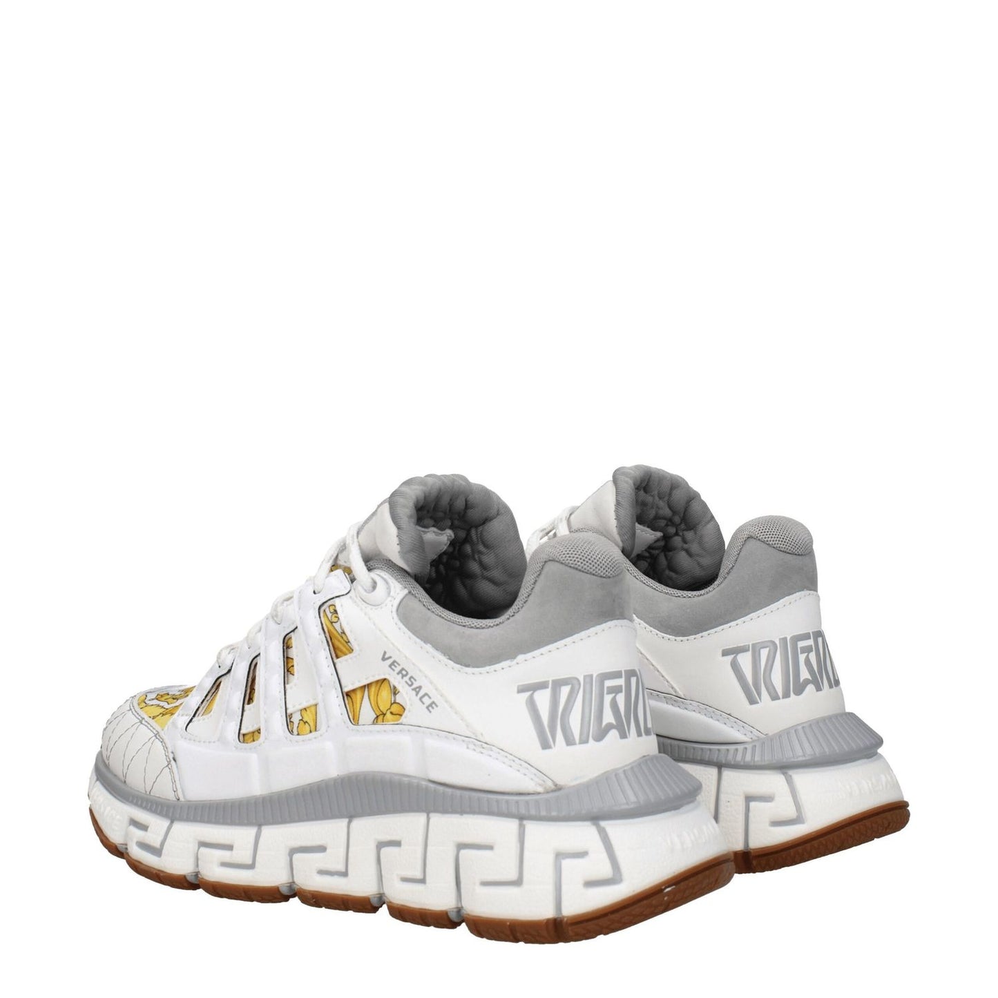 Versace White Fabric Athletic Sneakers with front, side, and back logos, lace-up closure, mid heels, rubber sole, and round toe design.