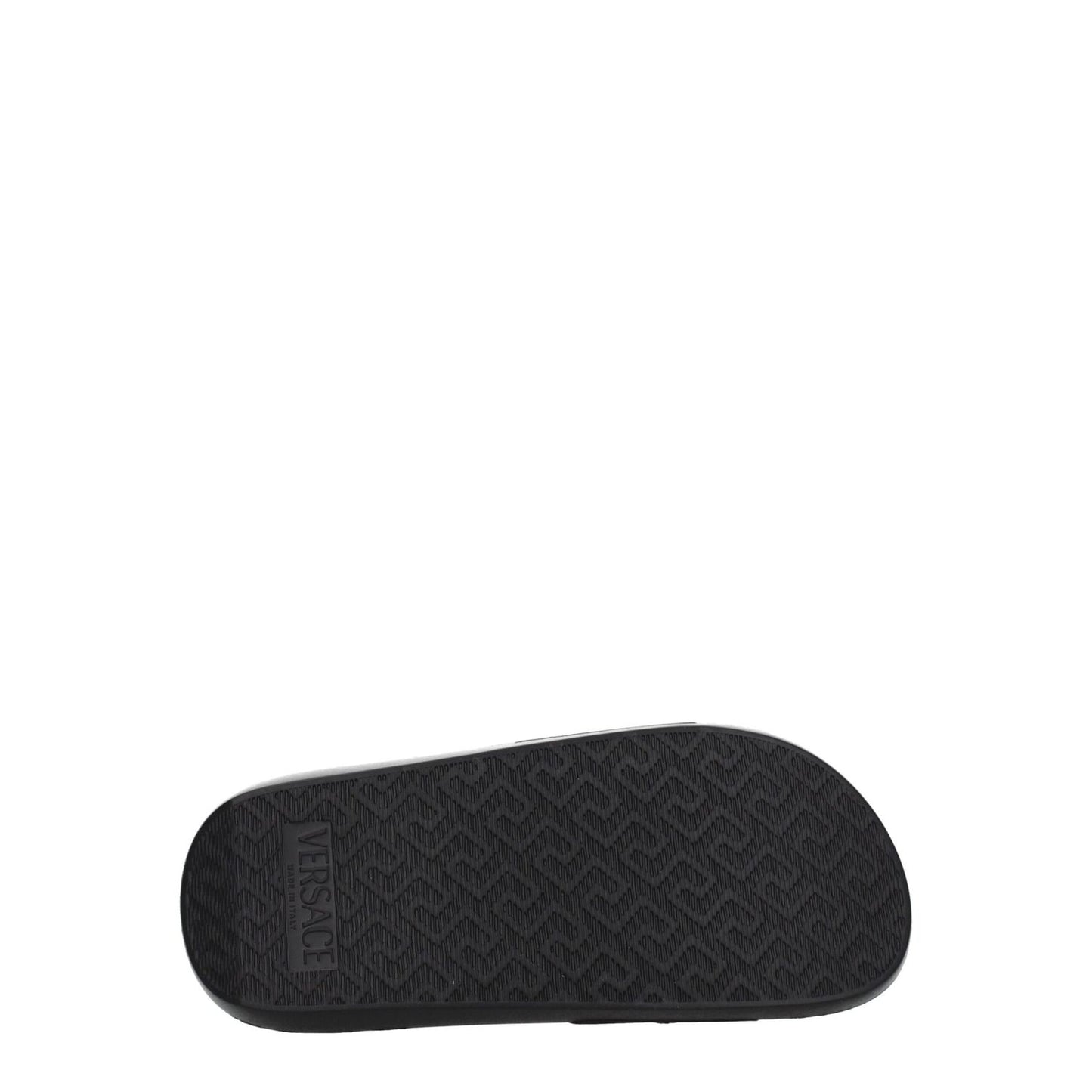 Sole of the Versace Black Leather Slippers with logo detail, made of rubber with a textured pattern for grip and durability.