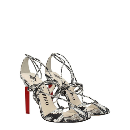 The Attico White Leather Stiletto Heel Sandals with snake print and vintage effect, self tie closure, 11cm high heel, open toe design.