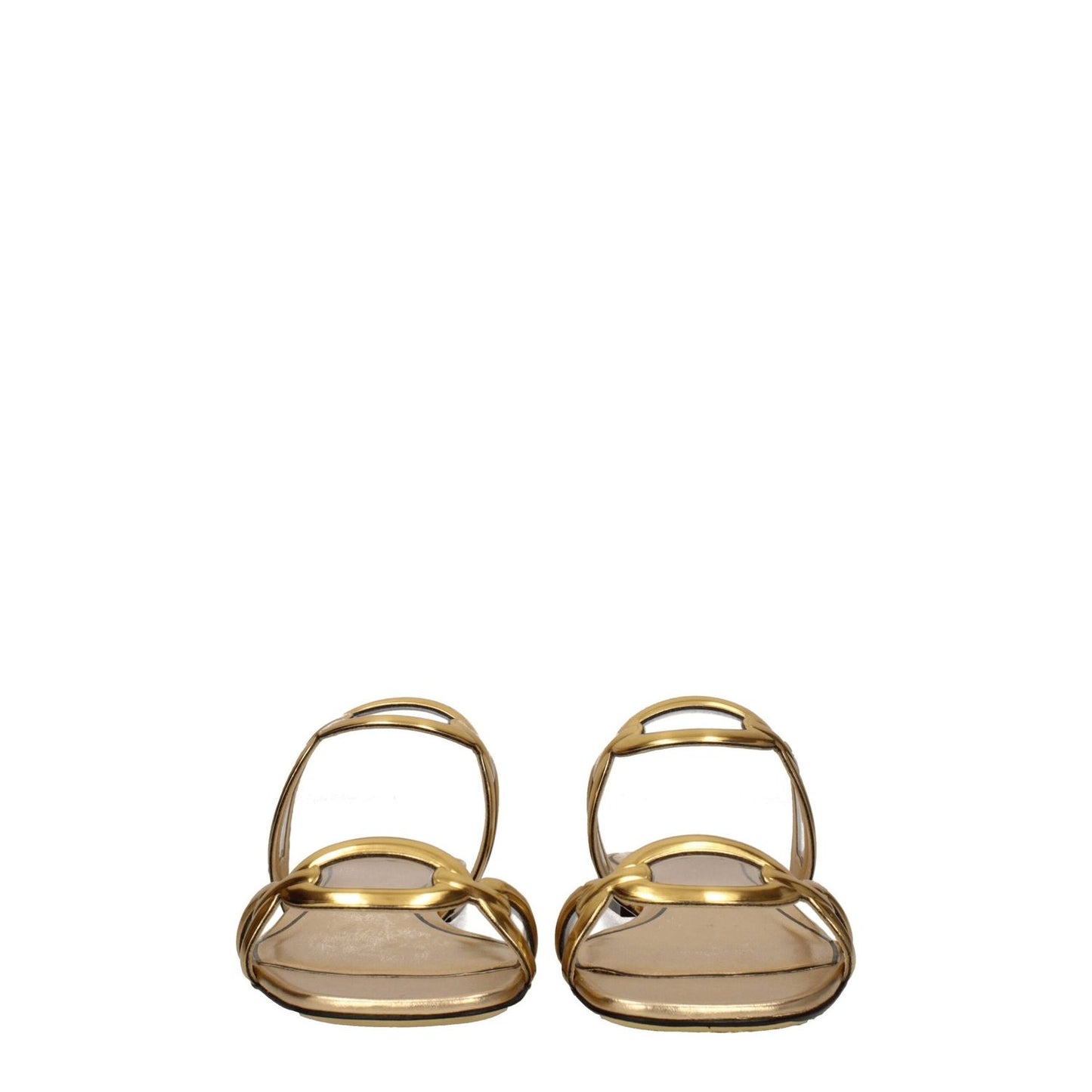 Valentino Garavani Gold Leather Slippers with open toe and low flat heel, featuring a casual design perfect for stylish comfort.