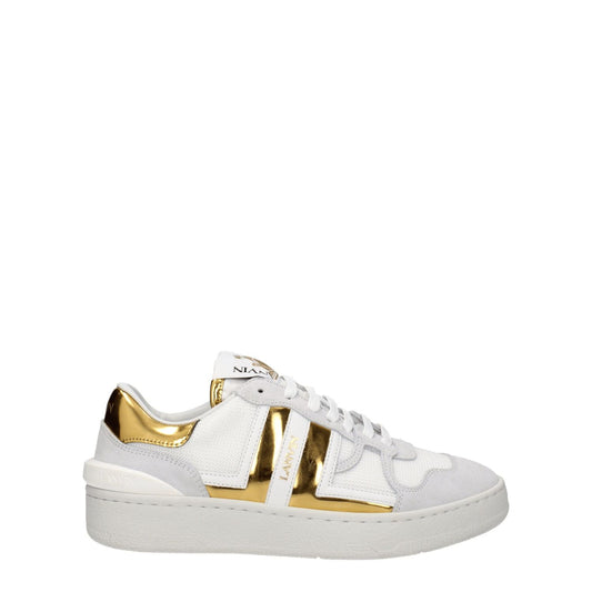 Lanvin White Fabric Low Top Sneakers with gold accents, featuring a leather upper, rubber sole, and lace-up closure.