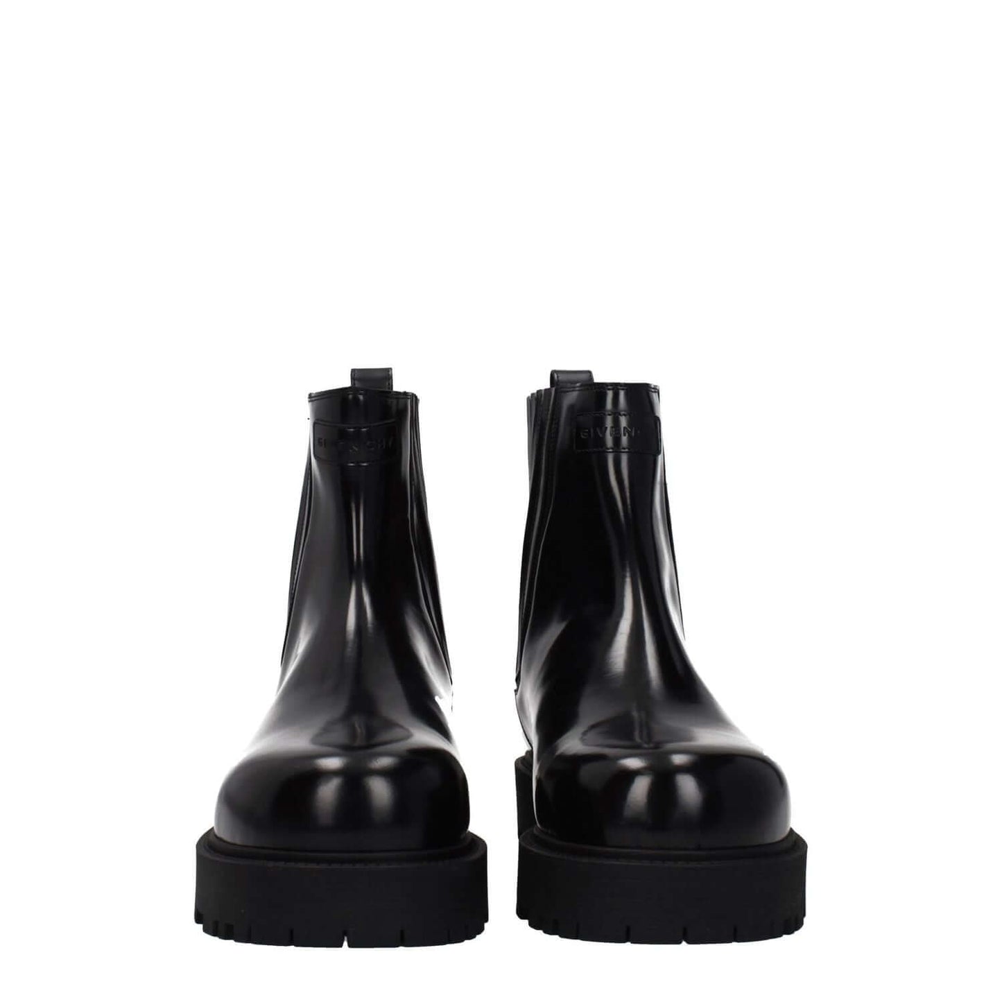 Front view of Givenchy Black Leather Ankle Boots with rubber sole and round toe design, showcasing front and back logos for a casual style.