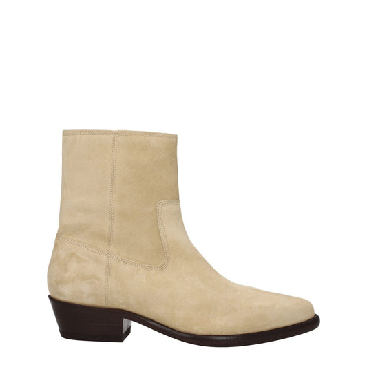 Isabel Marant Beige Leather Ankle Boots with suede finish, mid heel, and pointy toe design, featuring a zip closure and leather sole.