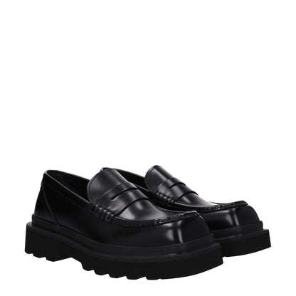 Dolce & Gabbana Black Leather Slip-On Loafers with square toe and mid heels, featuring rubber sole, style A30204A120380999.