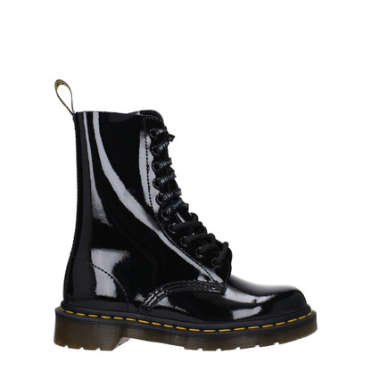 Alt Tag: Dr. Martens Black Leather Ankle Boots with patent leather, lace-up closure, round toe, and rubber sole.
