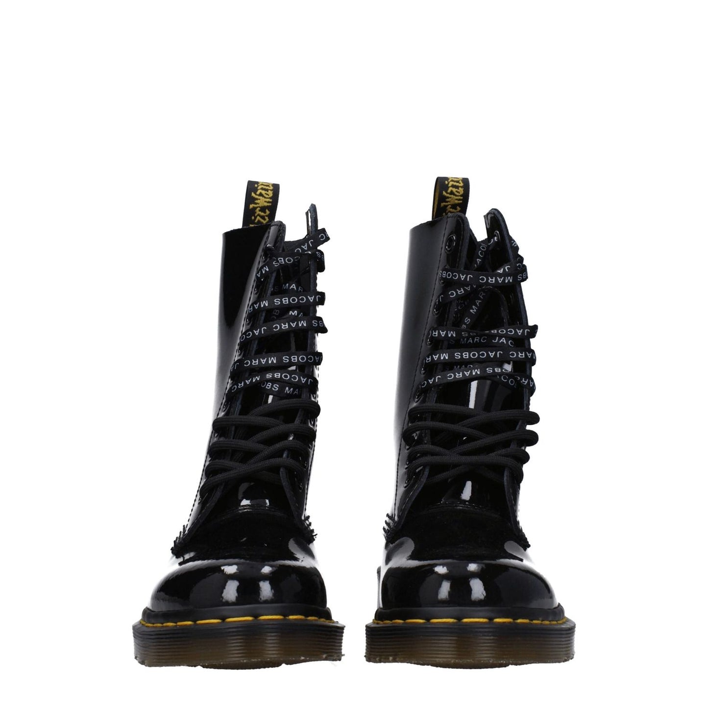 Dr. Martens Black Leather Ankle Boots with patent leather, lace-up closure, rubber sole, round toe, and low heel.
