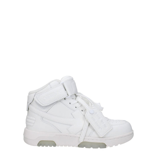 Off-White White Leather High Top Sneakers with strap closure and round toe, featuring side, front, and back logos.