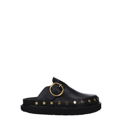 Isabel Marant Black Leather Slippers with studs, gold buckle, and vintage effect; round toe and flat heel; stylish and comfortable design.