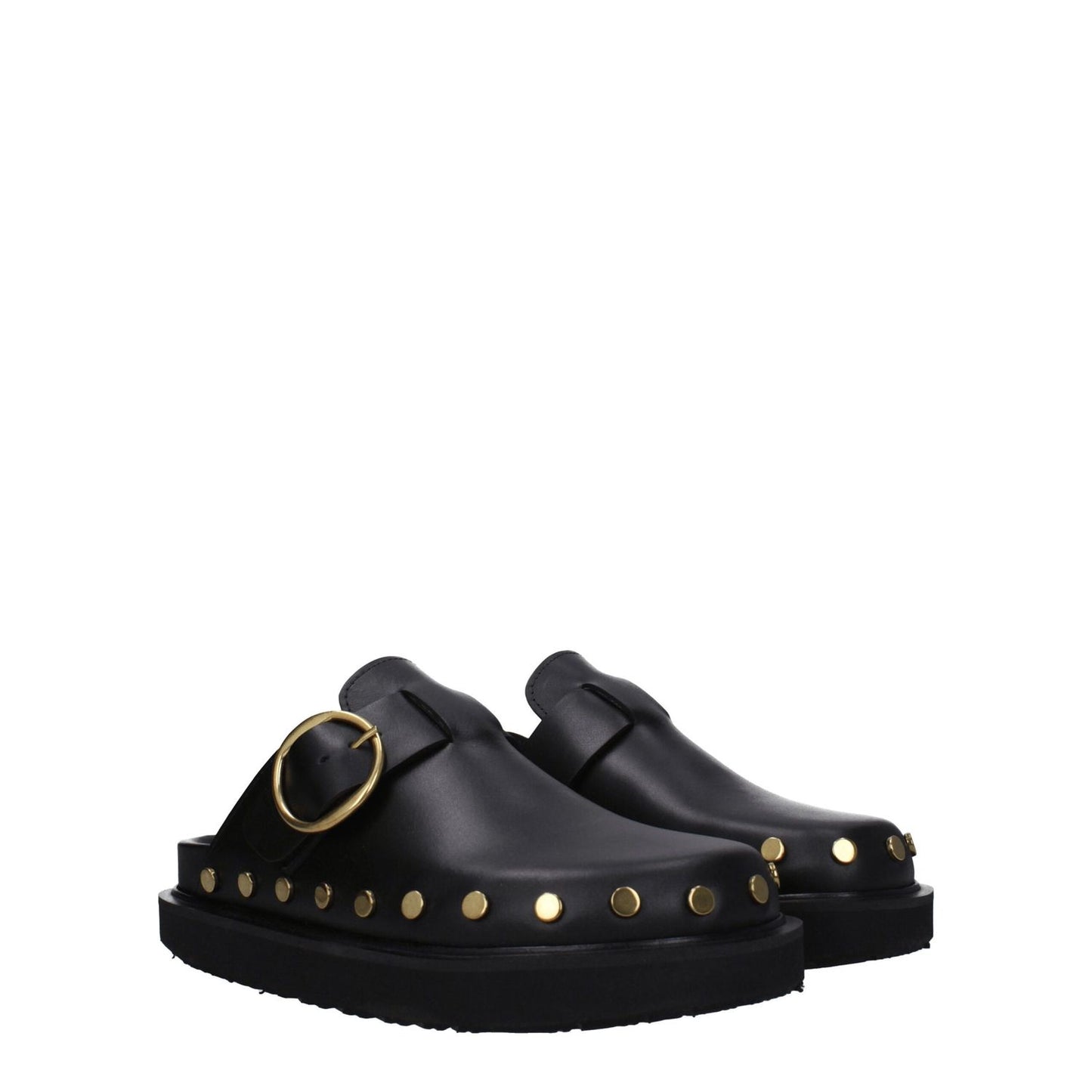 Isabel Marant Black Leather Slippers with gold studs, vintage design, buckle closure, and rubber sole.