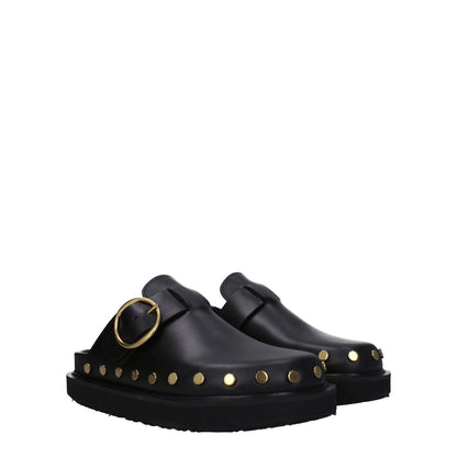 Isabel Marant Black Leather Slippers with gold studs, vintage design, buckle closure, and rubber sole.