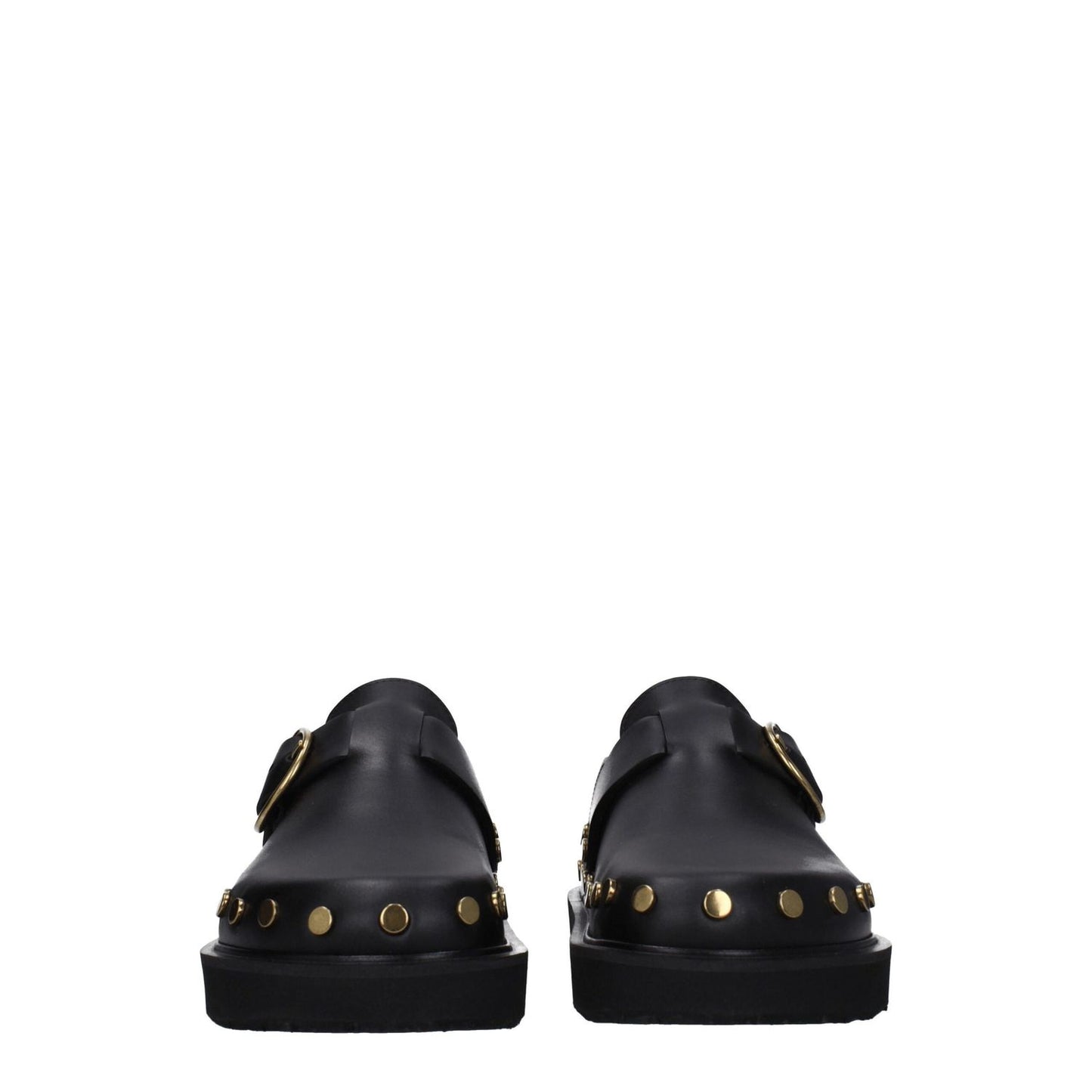 Isabel Marant Black Leather Slippers with gold studs and buckle closure, featuring a vintage style and low flat heel, front view.