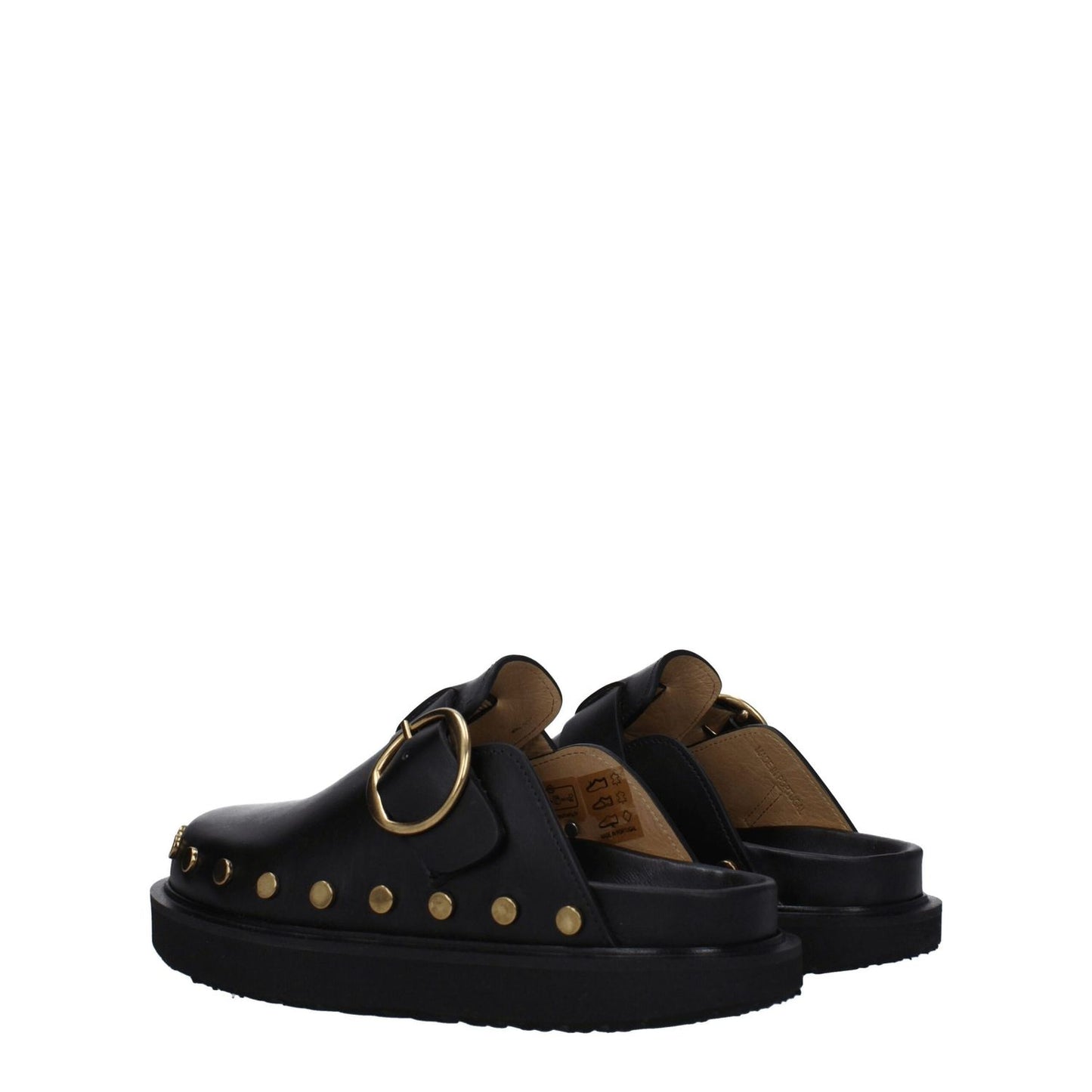 Isabel Marant Black Leather Slippers with gold studs and buckle closure, vintage style, featuring a rubber sole and round toe design.