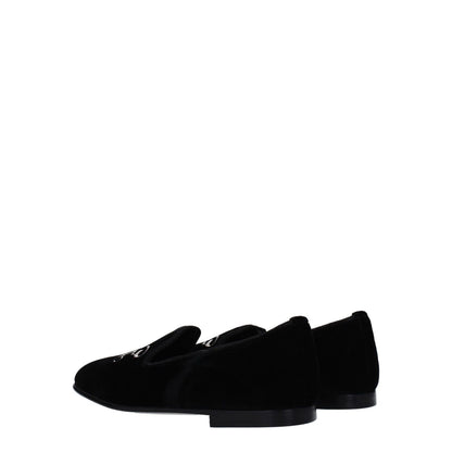 Palm Angels Black Velvet Slip-On Loafers with front logo and leather sole, side view showcasing casual style and round toe design.