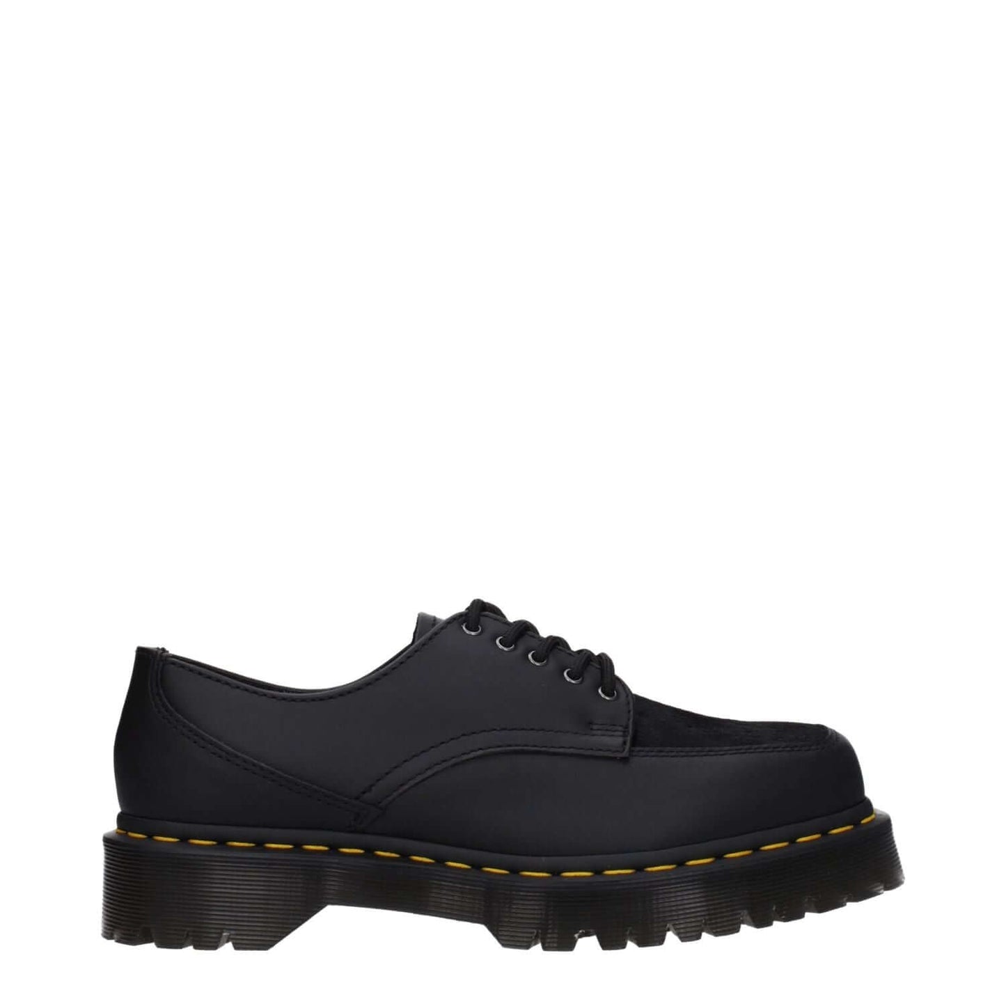 Dr. Martens Black Leather Oxfords And Derbies, lace-up design, mid heels, rubber sole, square toe.