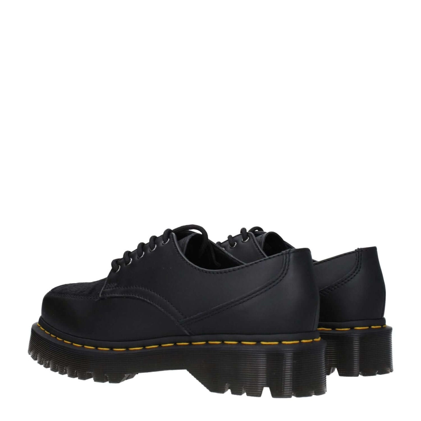 Dr. Martens Black Leather Oxfords And Derbies with lace-up design and mid heels, featuring a square toe and rubber sole.