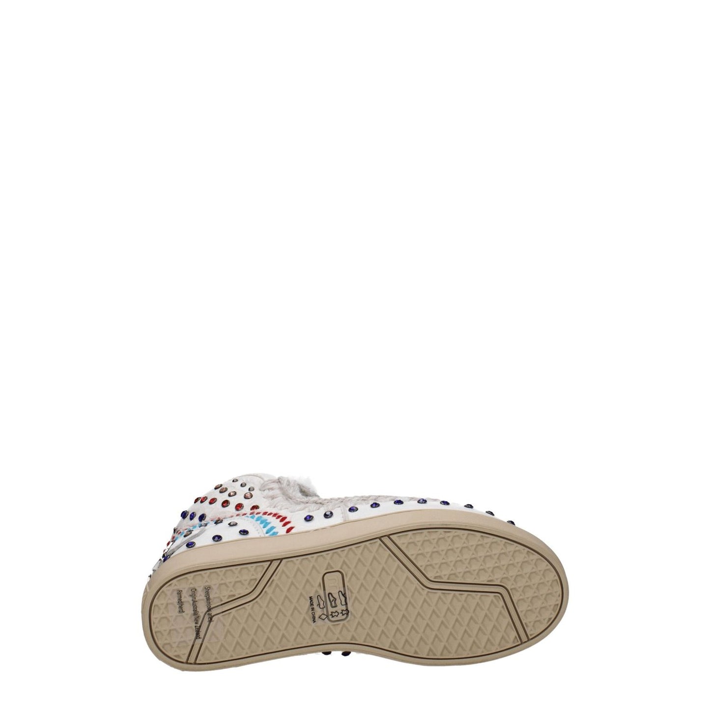 Sole view of Mou White Leather Ankle Boots featuring studs, round toe, rubber sole, and back logo. Style: Casual, Code: F66834.