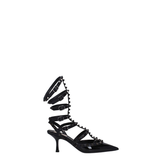 Valentino Garavani Black Leather Stiletto Heel Sandals with studs, buckle closure, and pointy toe design.