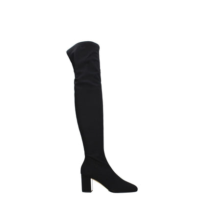 Valentino Garavani Black Fabric Over The Knee boots with square toe and mid heels, featuring a side logo and zip closure.