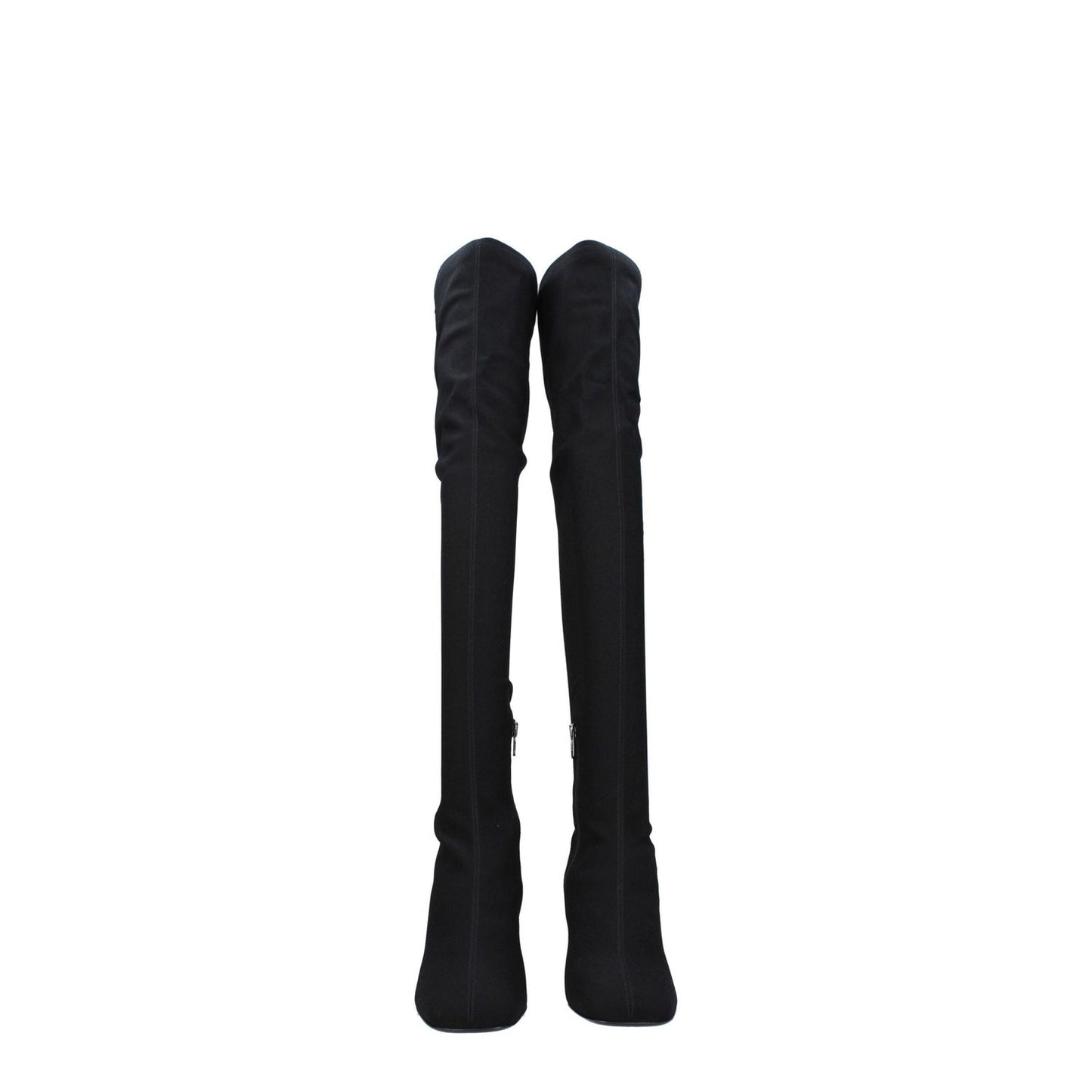 Valentino Garavani Black Fabric Over The Knee boots with leather sole, zip closure, mid heels, and square toe.