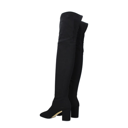 Valentino Garavani Black Fabric Over The Knee boots, square toe, zip closure, mid heels, side logo, leather sole, heel height 7 cm.