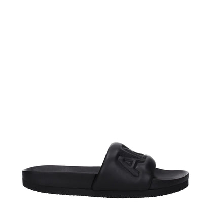 Ambush Black Leather Slippers with front logo, open toe design, rubber sole, street style footwear.