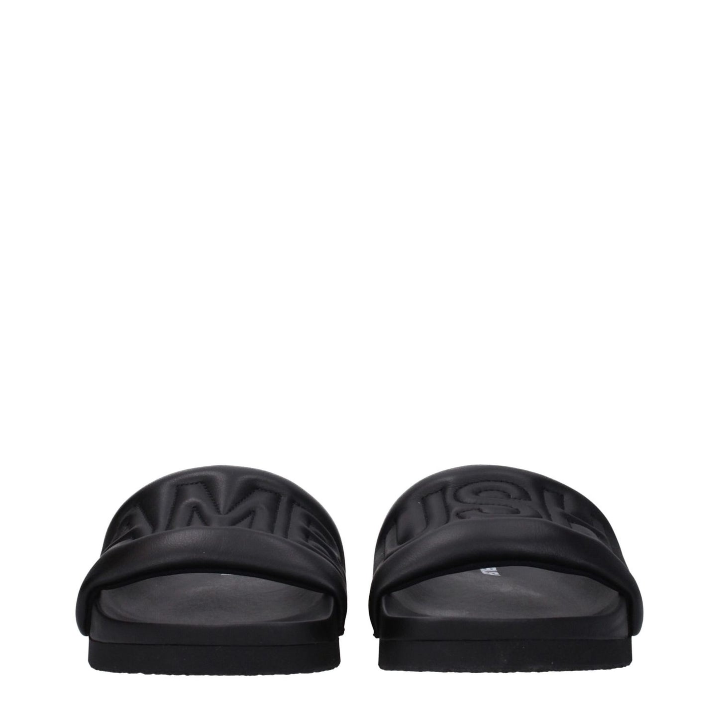 Front view of Ambush Black Leather Slippers with logo, street style, open toe design, leather upper, and rubber sole.