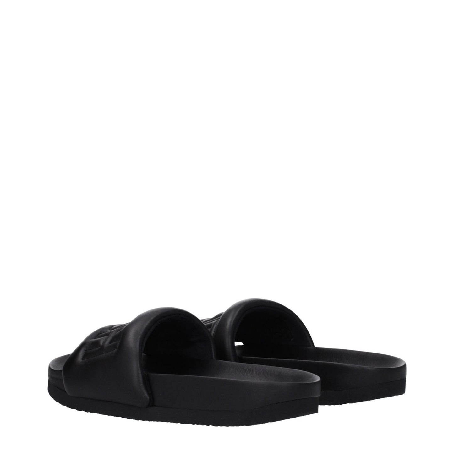 Ambush Black Leather Slippers with open toe and front logo, featuring a rubber sole. MPN: BMIC001LEA0011000.