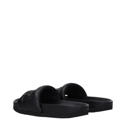Ambush Black Leather Slippers with open toe and front logo, featuring a rubber sole. MPN: BMIC001LEA0011000.
