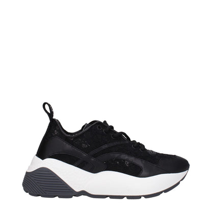 Stella McCartney Black Fabric Chunky Sneakers with lace-up closure, rubber sole, round toe, mid heels, and back logo detail.