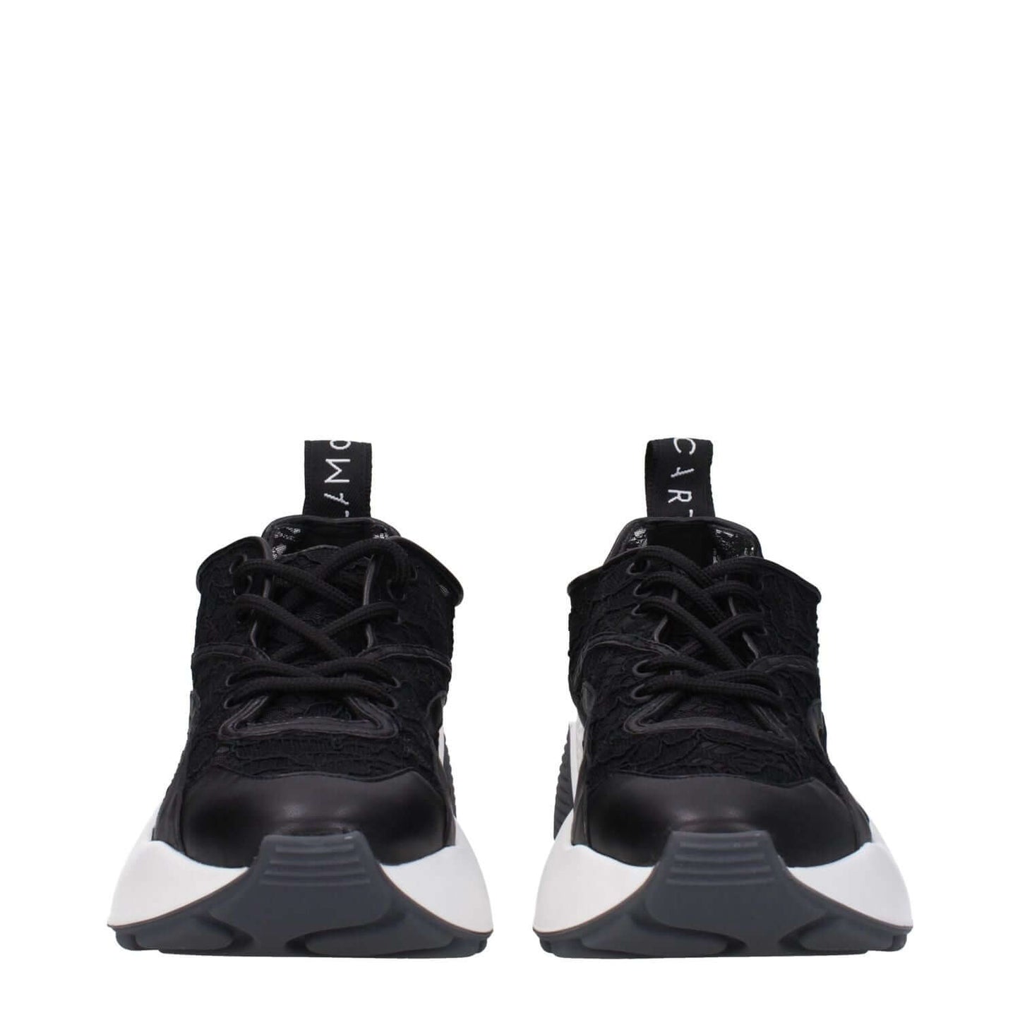 Stella McCartney Black Fabric Chunky Sneakers with lace-up closure, rubber sole, mid heels, back logo, and round toe design.
