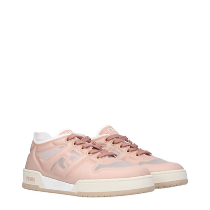 Fendi Pink Fibres Sneakers with logos on front, side, and back, lace-up closure, low flat heel, round toe, and rubber sole.