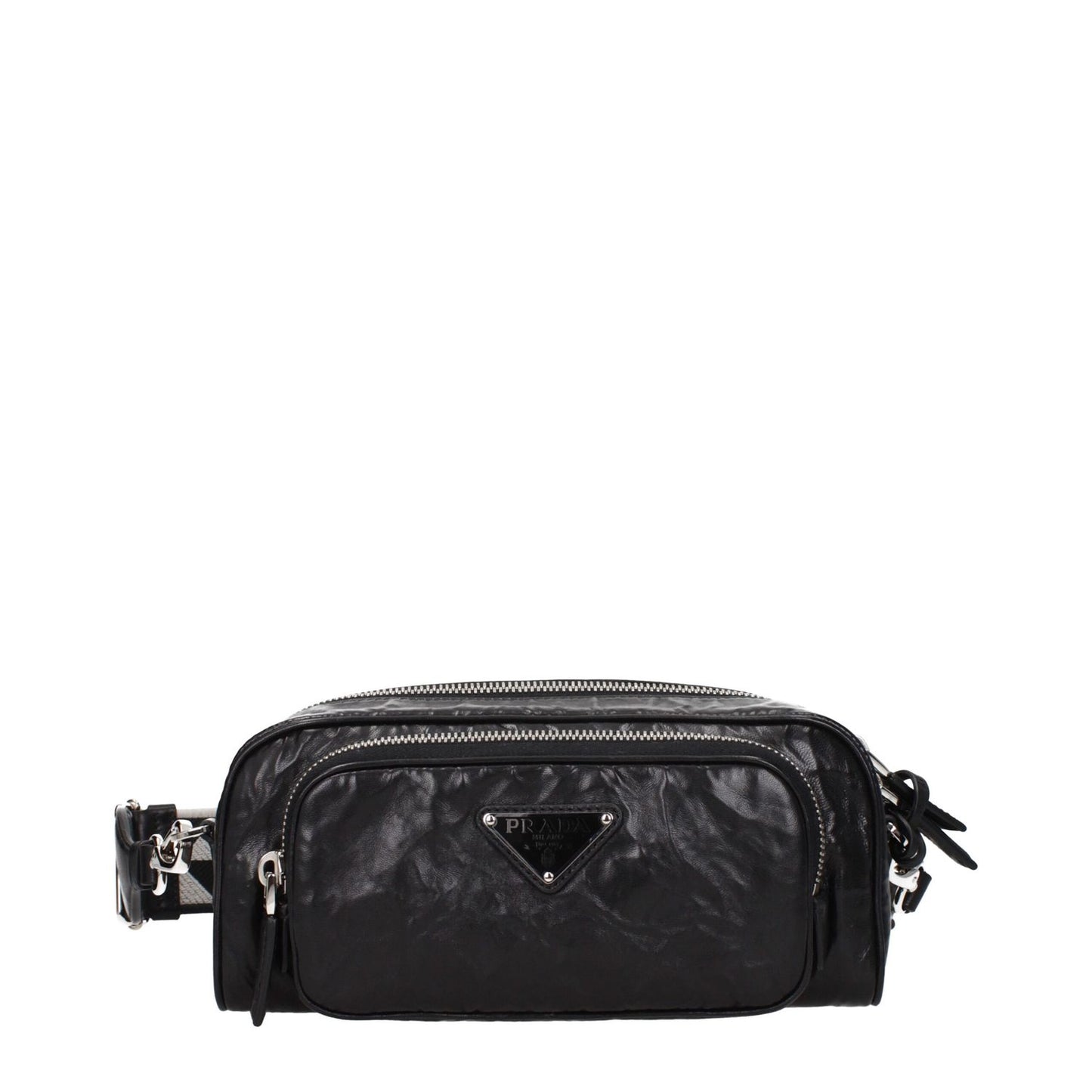 Prada Black Leather Crossbody Bag with silver details, adjustable and removable strap, zip closure, and front logo.