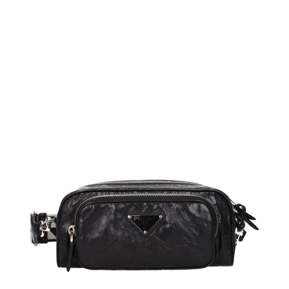 Prada Black Leather Crossbody Bag with silver details, adjustable and removable strap, zip closure, and front logo.