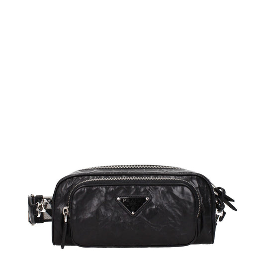 Prada Black Leather Crossbody Bag with silver details, adjustable and removable strap, zip closure, and front logo.