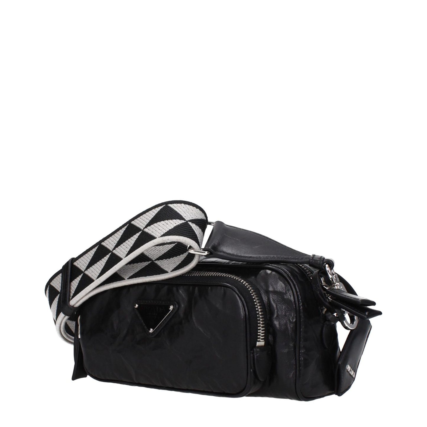 Prada Black Leather Crossbody Bag with logo, zip closure, and adjustable shoulder strap, featuring silver details and one external pocket.