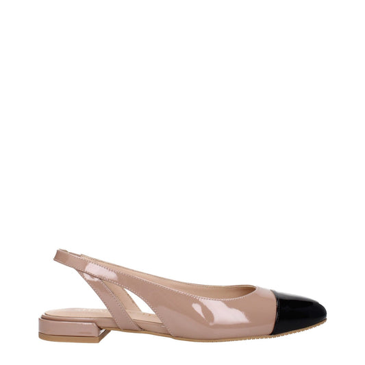 Stuart Weitzman Pink Leather Ballet Flats in patent leather with round toe and low heel, featuring fawn and black accents.