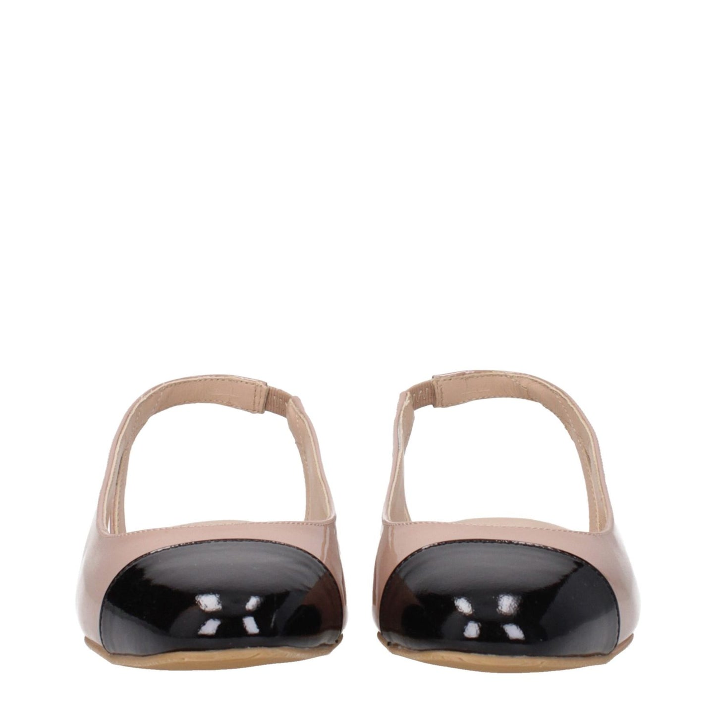 Stuart Weitzman Pink Leather Ballet Flats with rubber sole and round toe, patent fawn and black design, style SLEEKPATSG085FAWNBLACK.