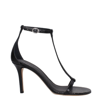 Isabel Marant Black Leather Stiletto Heel Sandals with buckle closure and python print, featuring high heel and open toe design.