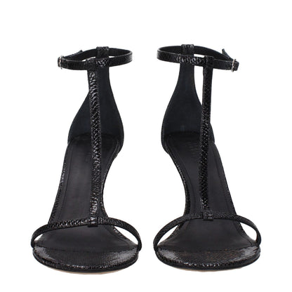 Isabel Marant Black Leather Stiletto Heel Sandals with buckle closure and open toe design.