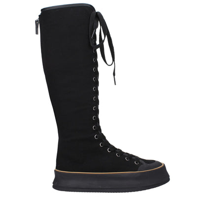 Max Mara Black Fabric Lace-Up Boots with round toe and rubber wedge heel, featuring a vintage effect.