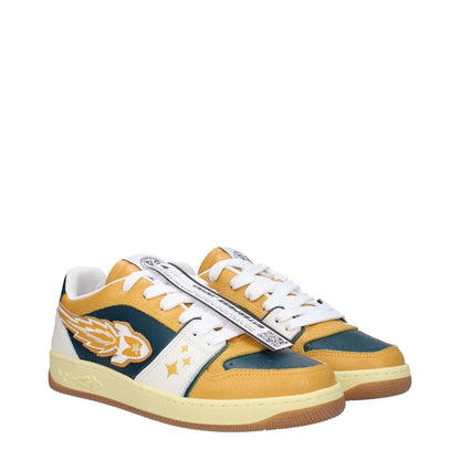 Enterprise Japan Green Leather Low Top Sneakers with logo, mustard accents, lace-up closure, and rubber sole, style BG3001PX331S3094.