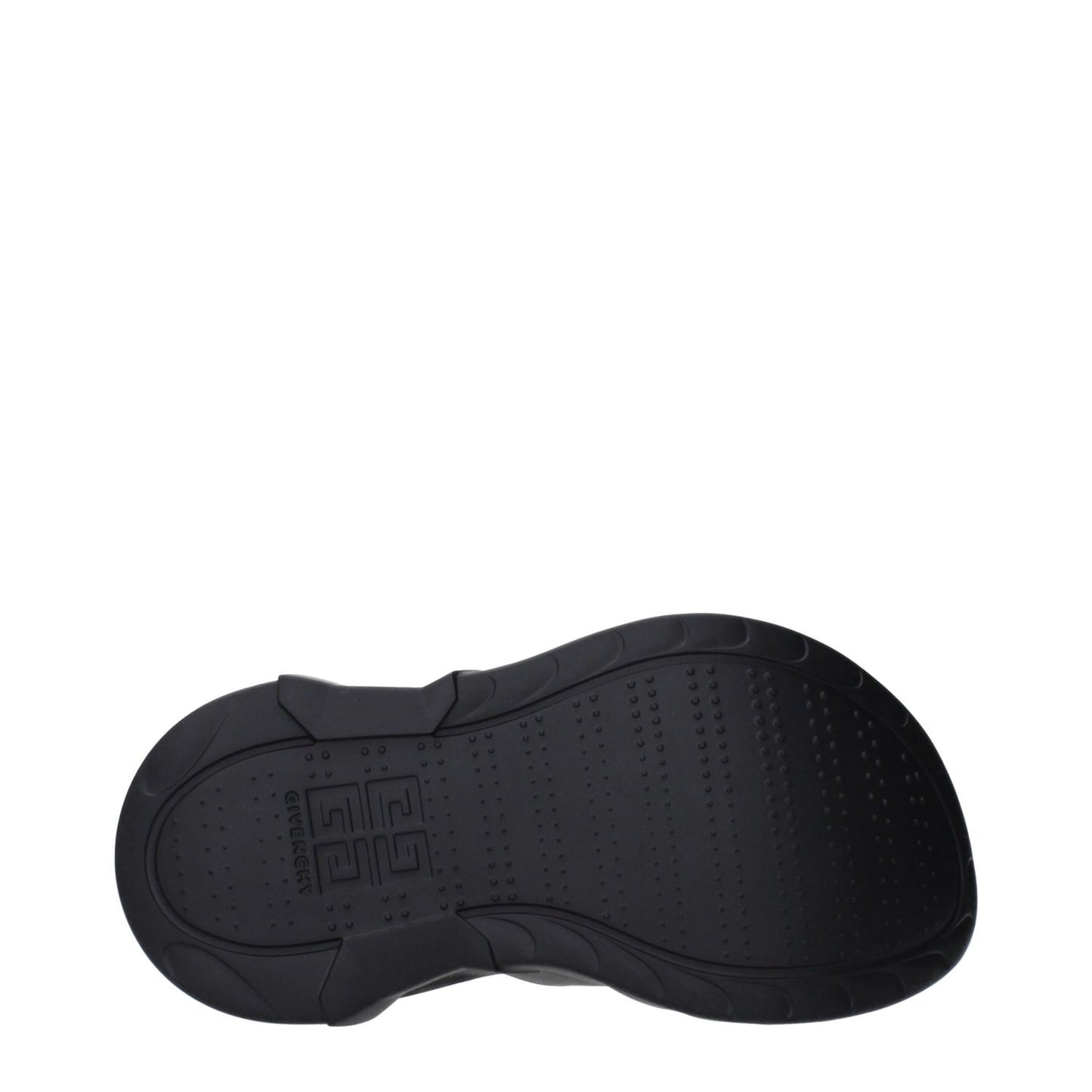 Bottom sole view of Givenchy Black Cotton Slippers, featuring a rubber sole with logo on the side and back, wedge heel, and round toe design.