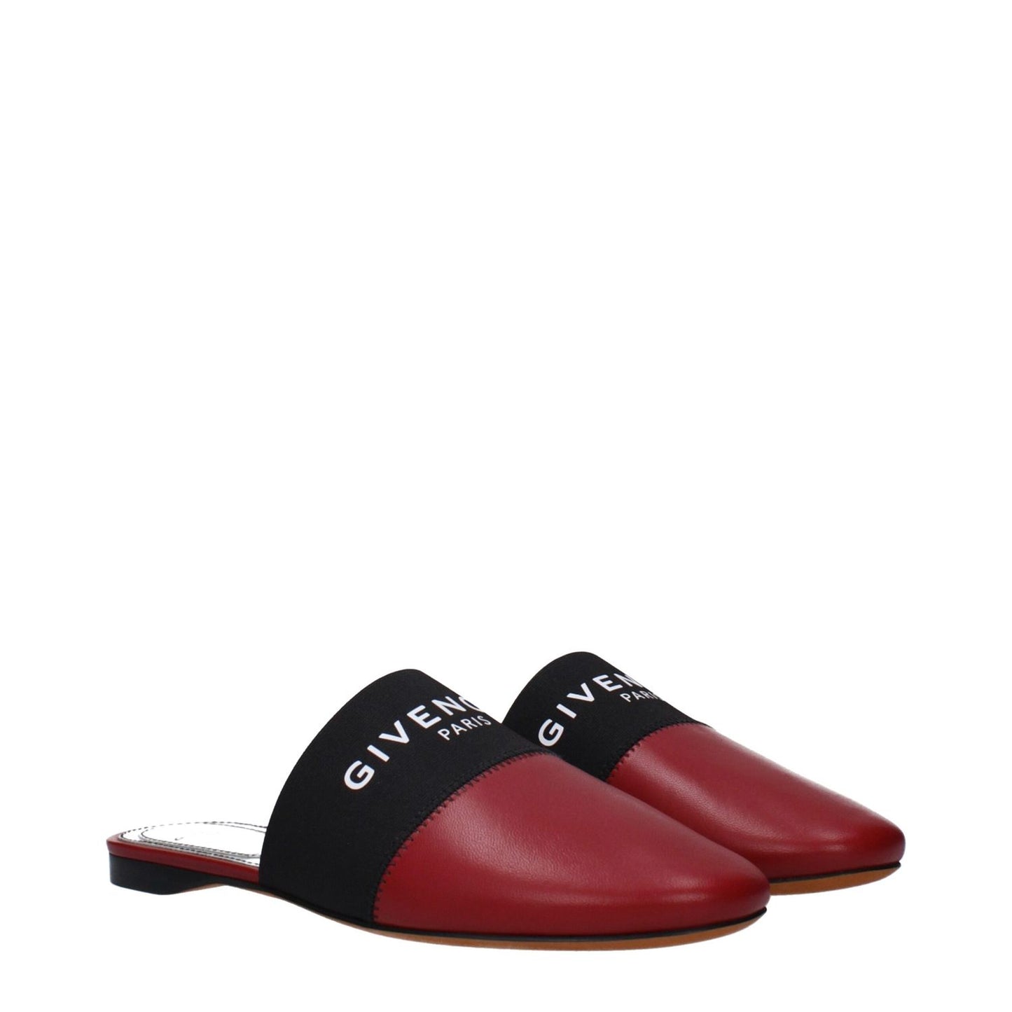 Givenchy Red Leather Slippers with front logo, round toe, and low flat heel in cherry-red leather, style casual, MPN BE2002E01H607.