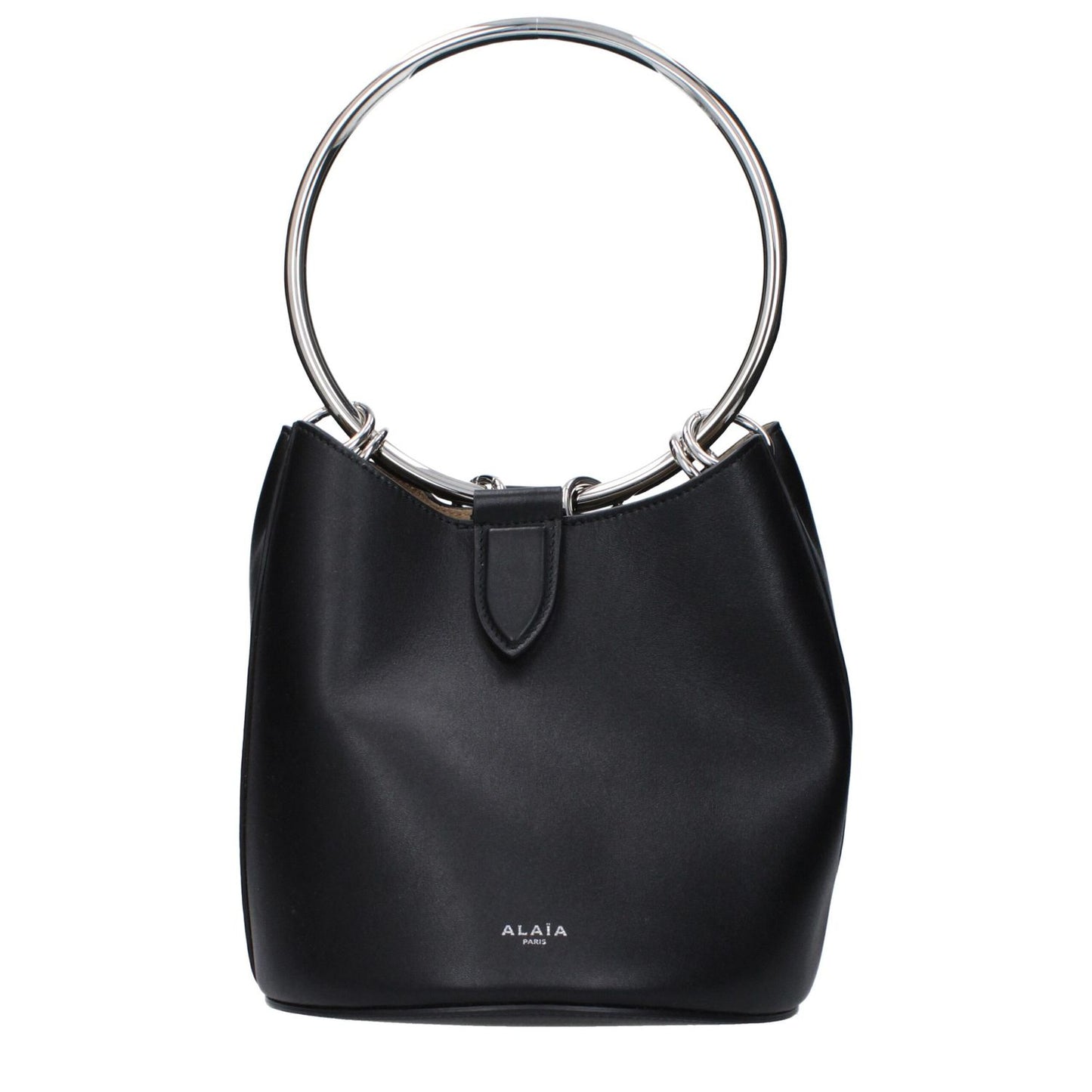 Alaïa Black Leather Handbag with removable clutch, magnetic closure, and front logo, designed in medium size for casual style.