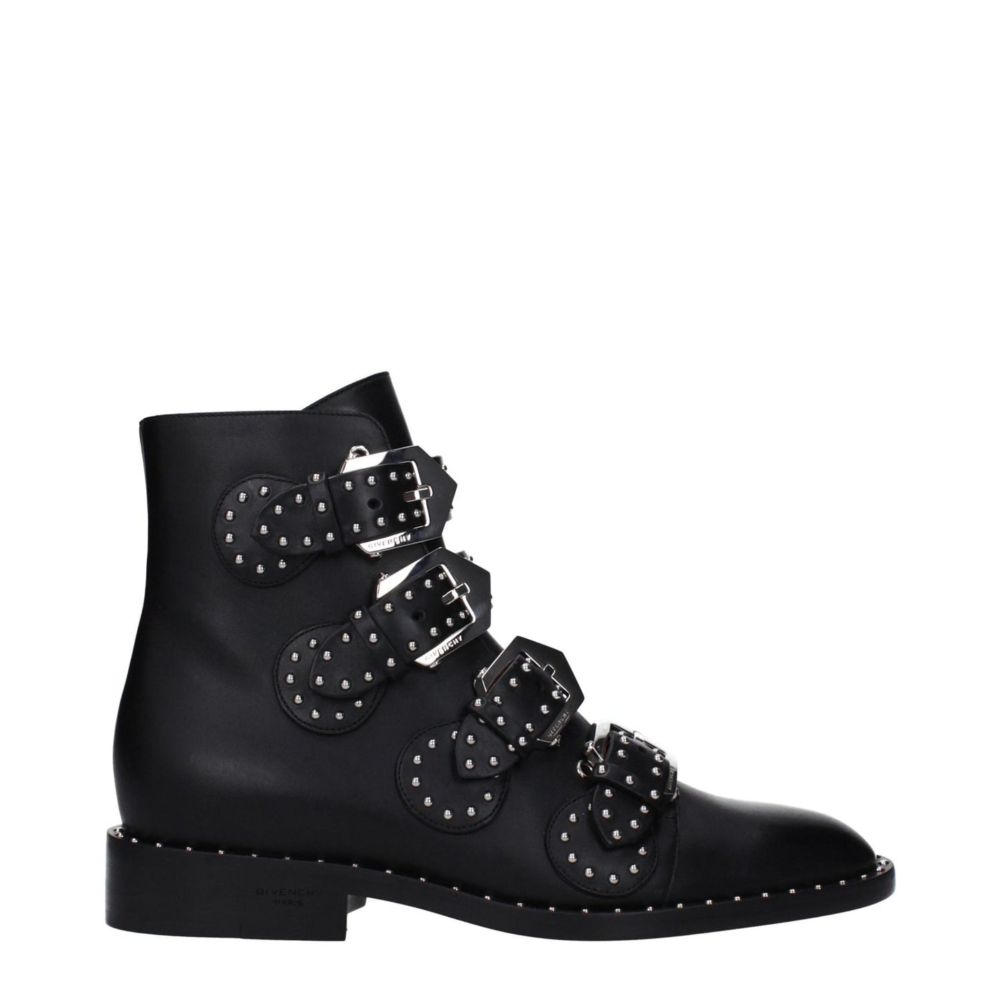 Givenchy Black Leather Ankle Boots with studs, buckle closure, low flat heel, round toe. MPN: BE08143004001, leather sole. Casual style.