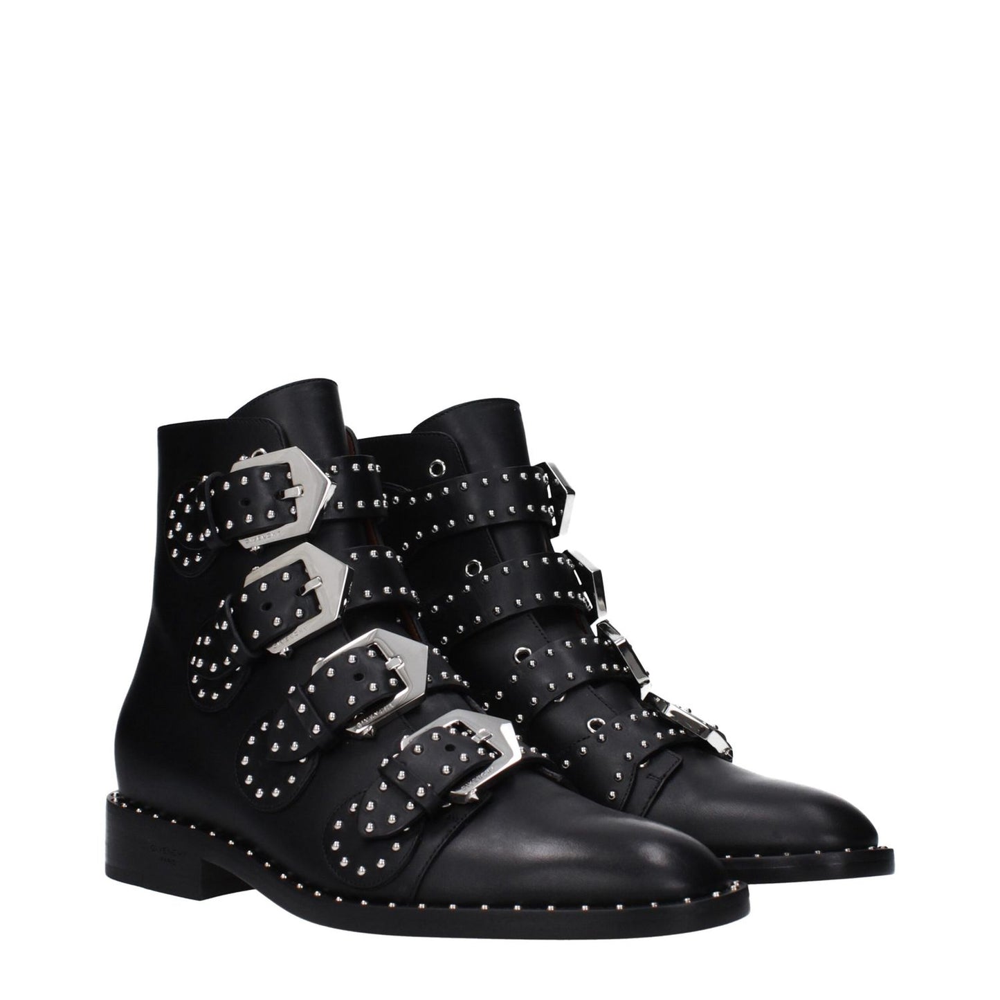 Givenchy Black Leather Ankle Boots with studs and buckle closure, featuring low, flat heel and round toe. MPN: BE08143004001
